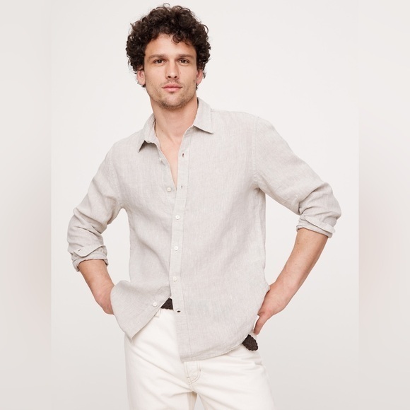Banana Republic STANDARD-FIT LINEN SHIRT M Men’s Natural Beige - Picture 1 of 8